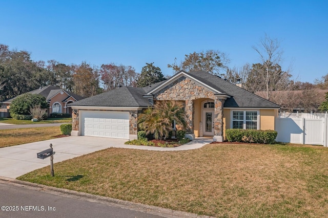 view of front of property featuring concrete driveway, fence, a garage, stone siding, and a front lawn