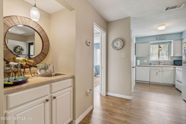 interior space featuring baseboards, visible vents, wood finished floors, a textured ceiling, and vanity