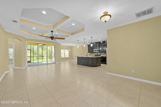 unfurnished living room with light tile patterned floors, ornamental molding, and visible vents