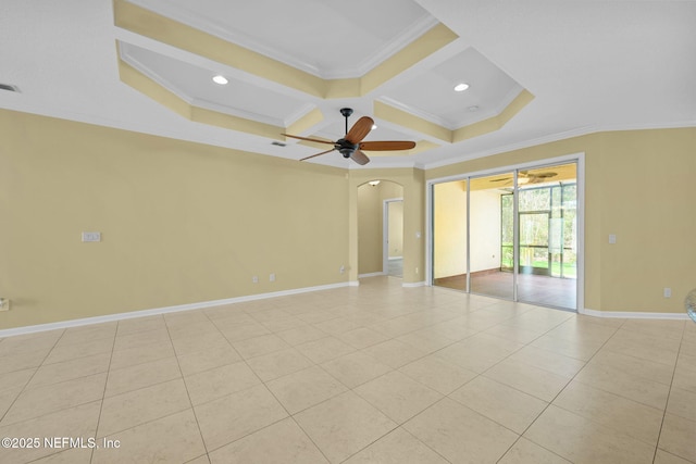 unfurnished room with baseboards, arched walkways, coffered ceiling, a ceiling fan, and ornamental molding