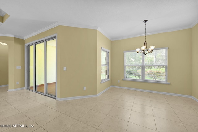 empty room featuring a notable chandelier, crown molding, baseboards, and light tile patterned floors