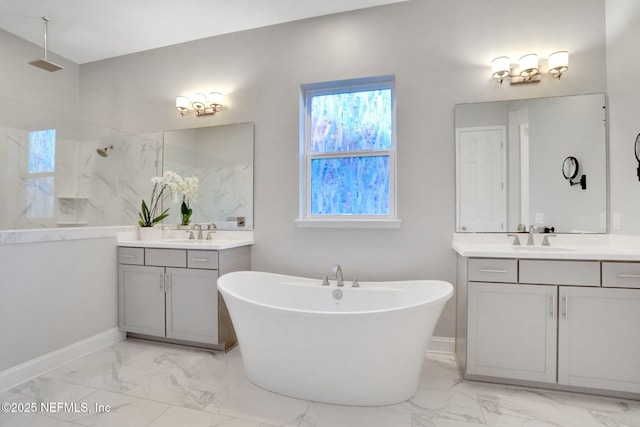 full bathroom featuring marble finish floor, visible vents, a sink, and walk in shower