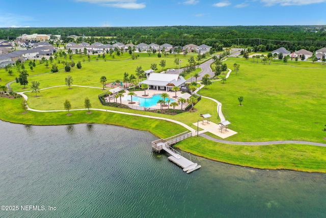 aerial view featuring a water view and a residential view