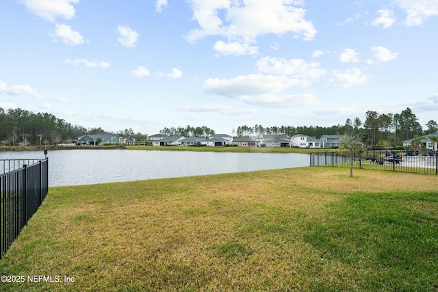 property view of water featuring a residential view and fence