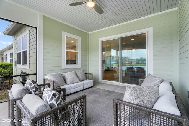 view of patio featuring ceiling fan and an outdoor living space