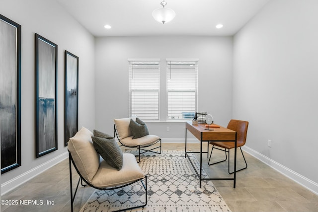 home office featuring baseboards and recessed lighting