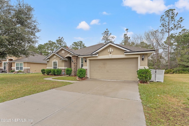 view of front of home with concrete driveway, a front yard, and stucco siding