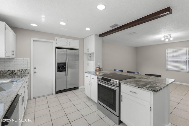 kitchen featuring tasteful backsplash, visible vents, white cabinets, a peninsula, and stainless steel appliances