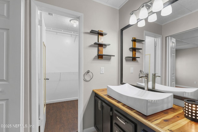 bathroom with wood finished floors, a walk in closet, crown molding, and vanity