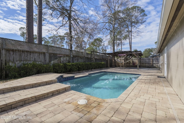 view of pool with a patio, a fenced backyard, and a fenced in pool