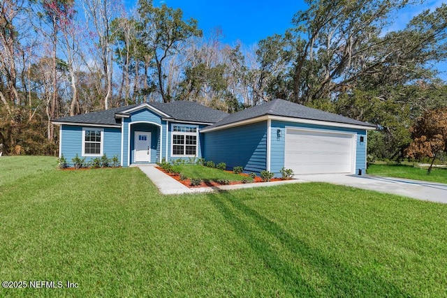 ranch-style home with concrete driveway, a front lawn, and an attached garage