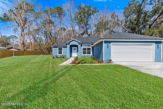 single story home with a garage, a front yard, fence, and driveway