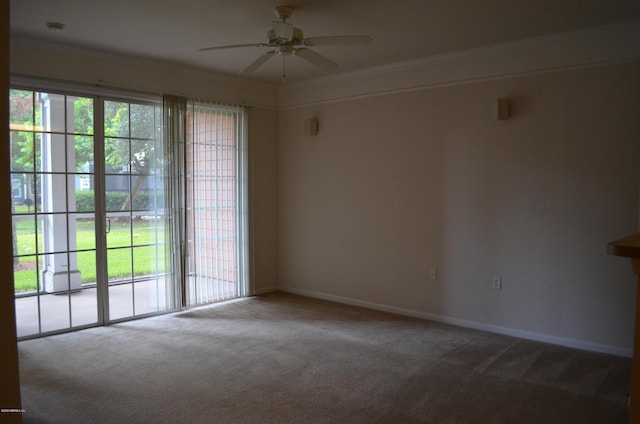 spare room with carpet flooring, crown molding, baseboards, and ceiling fan