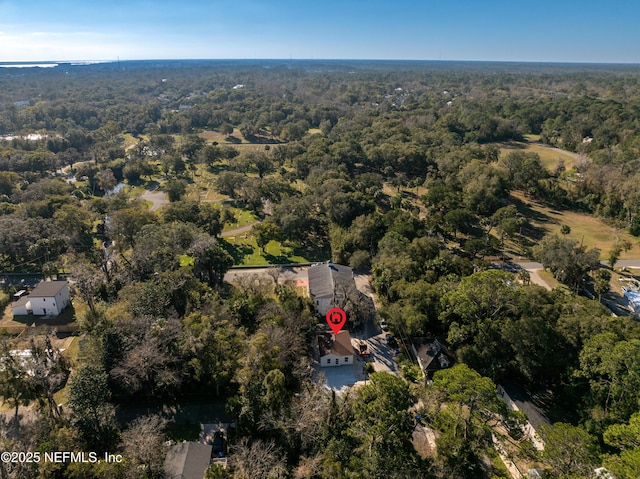 drone / aerial view featuring a view of trees