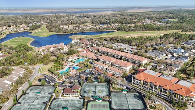 birds eye view of property featuring a water view and golf course view