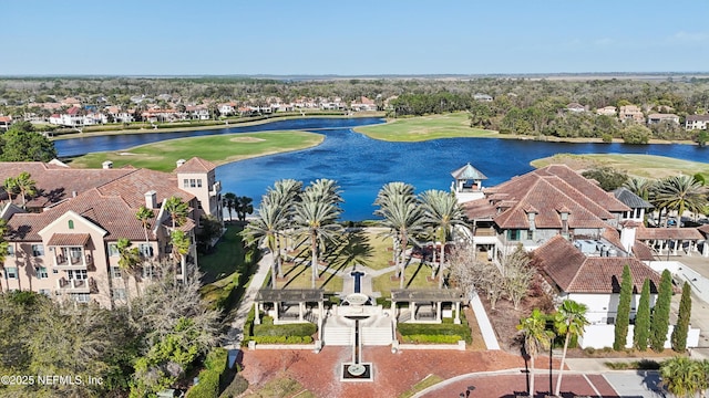 bird's eye view featuring a water view, a residential view, and golf course view