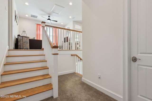 stairs with carpet floors, baseboards, visible vents, and recessed lighting