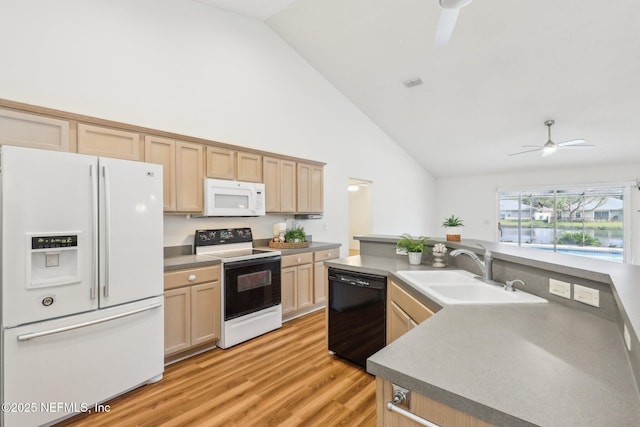 kitchen featuring light brown cabinets, light wood-style flooring, white appliances, a sink, and a ceiling fan