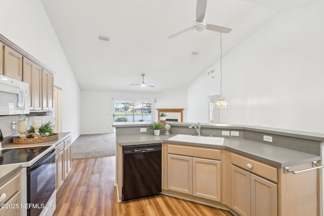 kitchen with range with electric cooktop, dishwasher, white microwave, open floor plan, and a sink