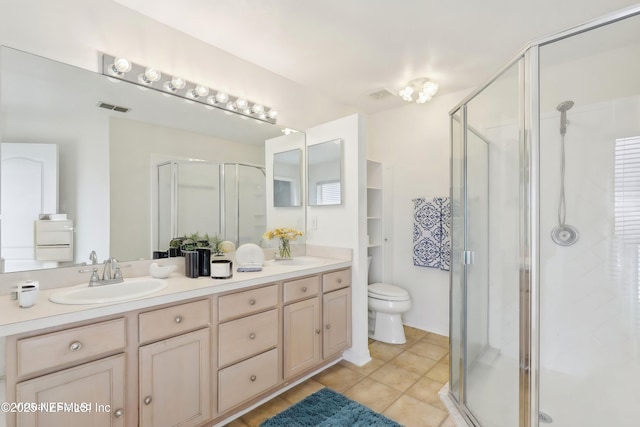 bathroom featuring visible vents, a sink, a shower stall, and double vanity