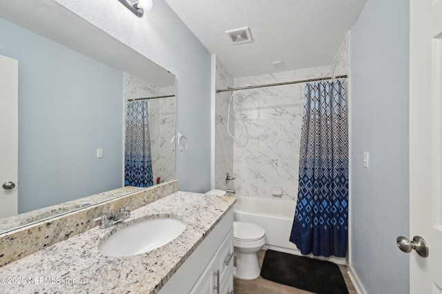 full bathroom featuring a textured ceiling, toilet, vanity, visible vents, and shower / bath combo