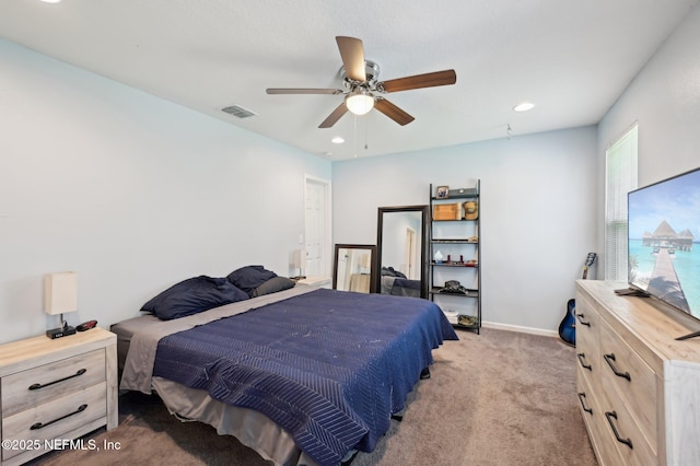 bedroom with recessed lighting, visible vents, carpet flooring, ceiling fan, and baseboards