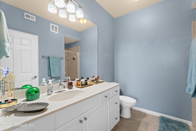 full bathroom featuring tile patterned flooring, visible vents, a tile shower, and toilet