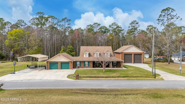 view of front facade featuring an attached garage, a carport, covered porch, and a front yard