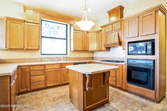 kitchen featuring light tile patterned floors, a sink, light countertops, black appliances, and custom range hood