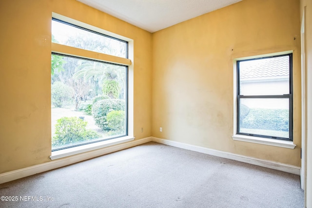 carpeted spare room featuring a healthy amount of sunlight and baseboards