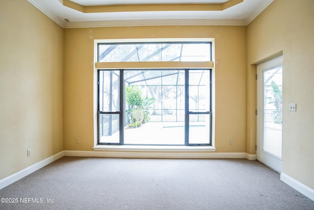 carpeted spare room featuring a healthy amount of sunlight, baseboards, and crown molding