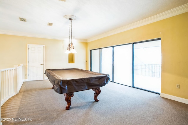 playroom with visible vents, baseboards, pool table, crown molding, and carpet flooring