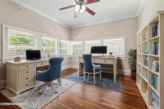 office featuring wood-type flooring, baseboards, ceiling fan, and crown molding