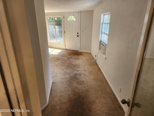 foyer featuring carpet and baseboards