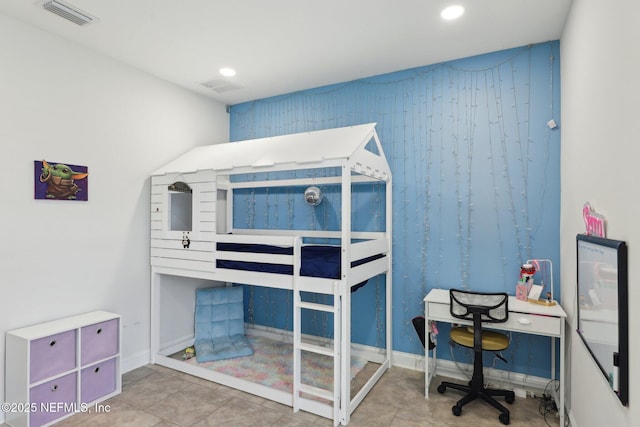 bedroom featuring baseboards, tile patterned flooring, visible vents, and recessed lighting