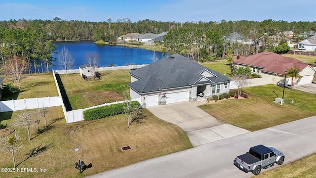 bird's eye view with a water view