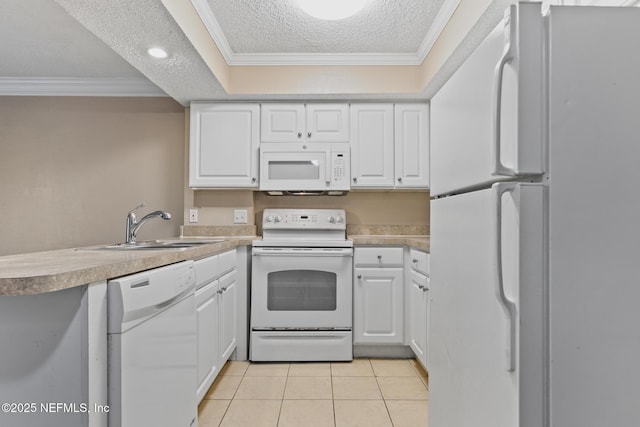 kitchen with white appliances, light tile patterned floors, ornamental molding, white cabinetry, and a sink