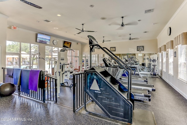 workout area featuring ornamental molding, visible vents, and a healthy amount of sunlight