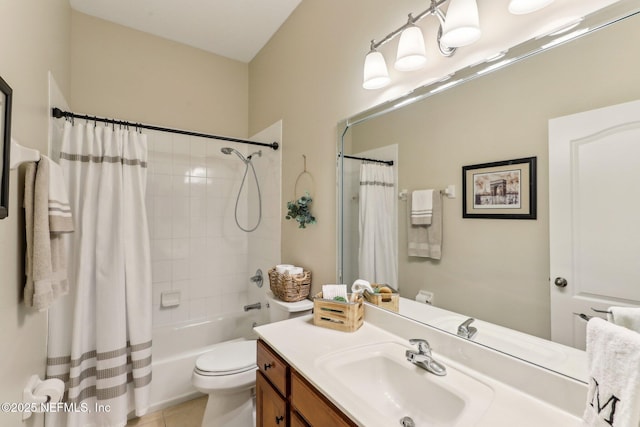 full bathroom with vanity, tile patterned floors, toilet, and shower / bathtub combination with curtain