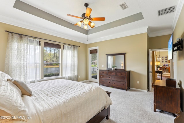 carpeted bedroom with visible vents, a raised ceiling, and baseboards