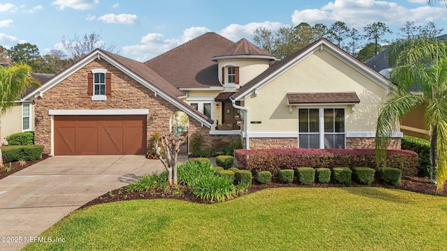 view of front of property featuring a front yard, stucco siding, concrete driveway, a garage, and stone siding