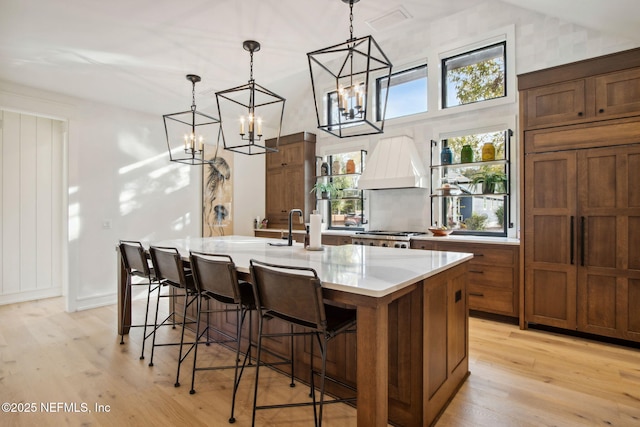 kitchen featuring a wealth of natural light, light wood-type flooring, custom exhaust hood, and a center island with sink