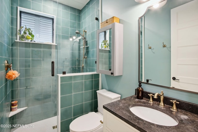 full bathroom with a shower stall, toilet, and vanity