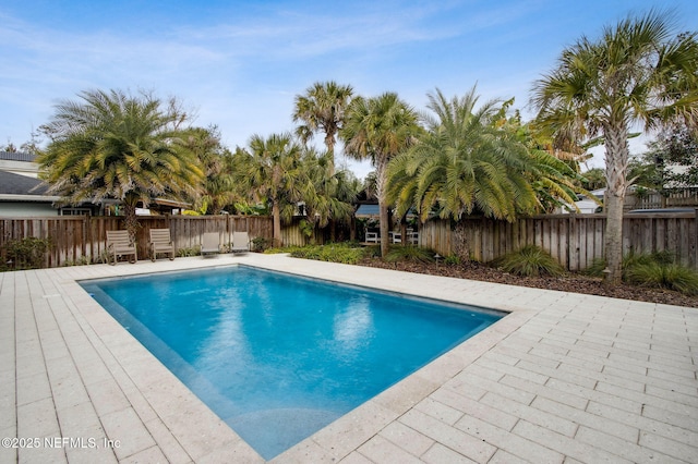 view of swimming pool with a patio, a fenced backyard, and a fenced in pool