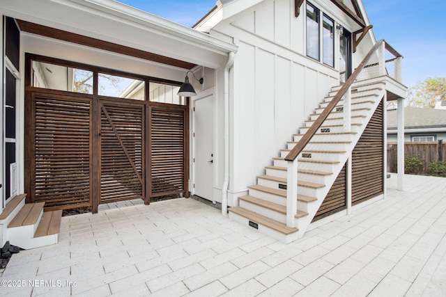 property entrance with board and batten siding