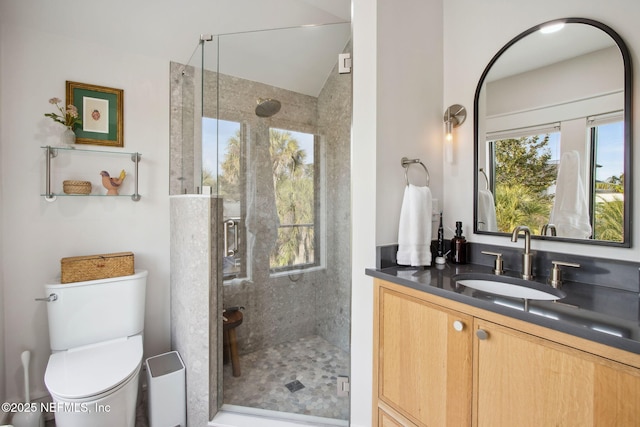 bathroom featuring a stall shower, vanity, and toilet