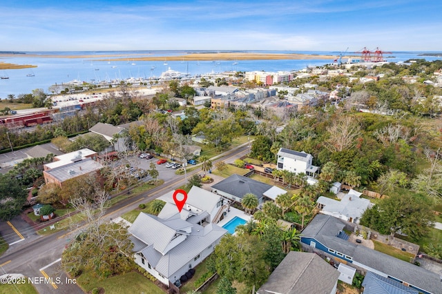 aerial view featuring a water view