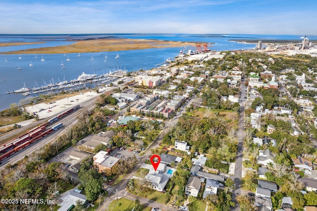 drone / aerial view featuring a water view