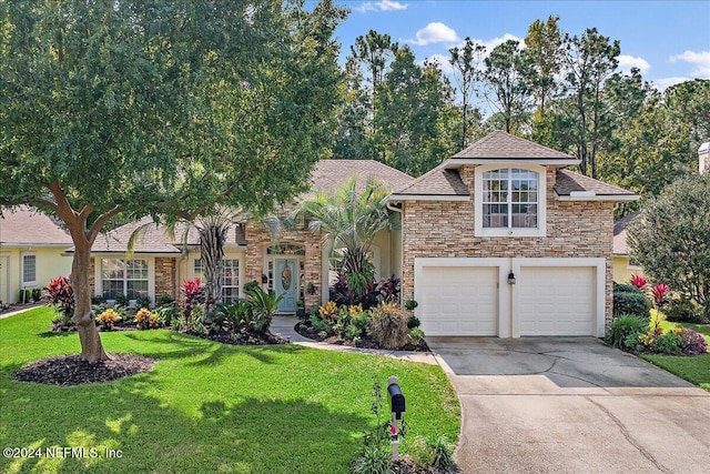 view of front of property with stone siding, concrete driveway, and a front lawn