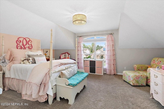 carpeted bedroom featuring vaulted ceiling, a textured ceiling, and baseboards